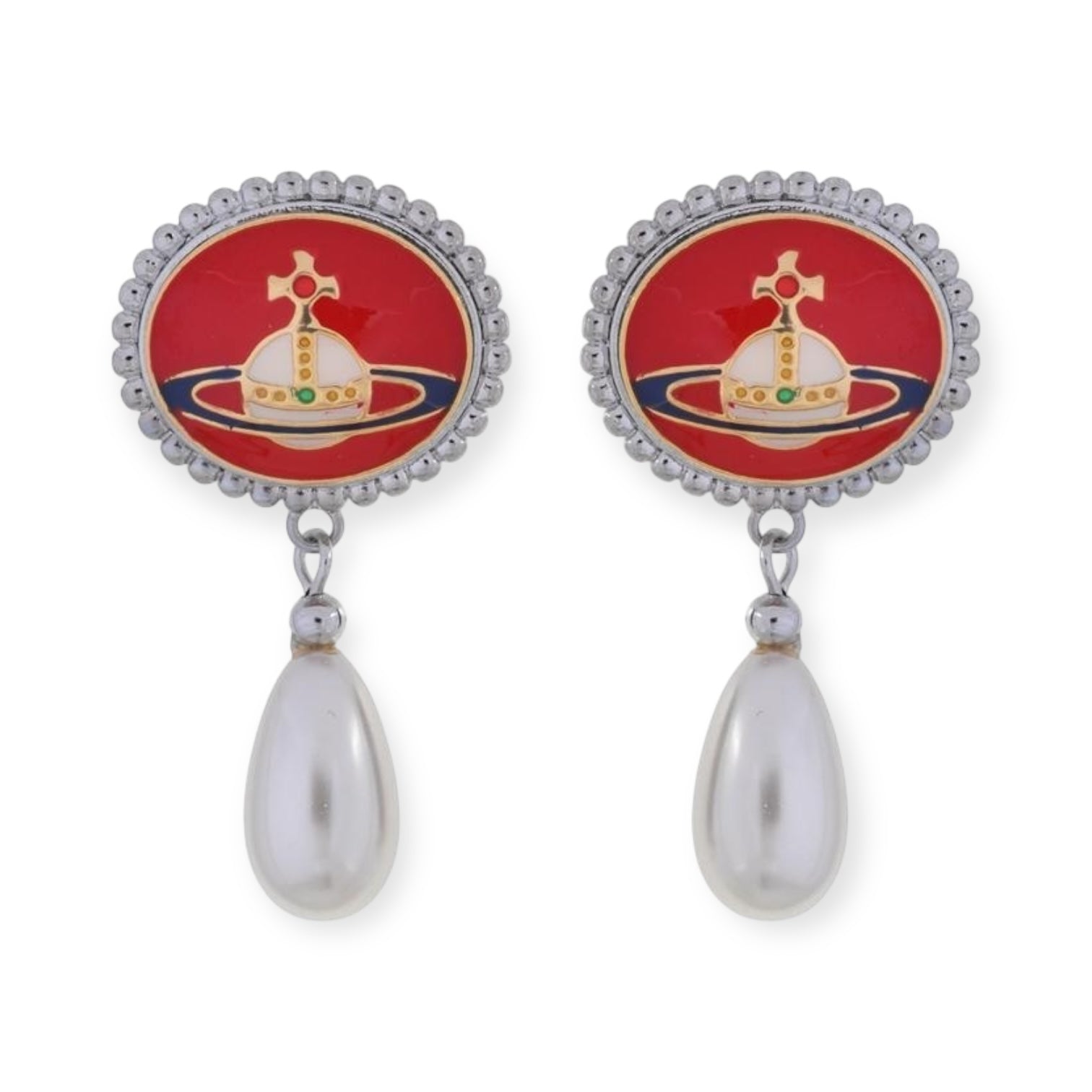 Pebble Engraved Orb Pendant Hanging Silver Pearl Drop Earrings (5 Colors)