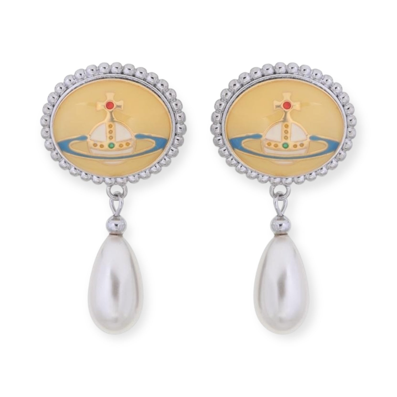 Pebble Engraved Orb Pendant Hanging Silver Pearl Drop Earrings (5 Colors)