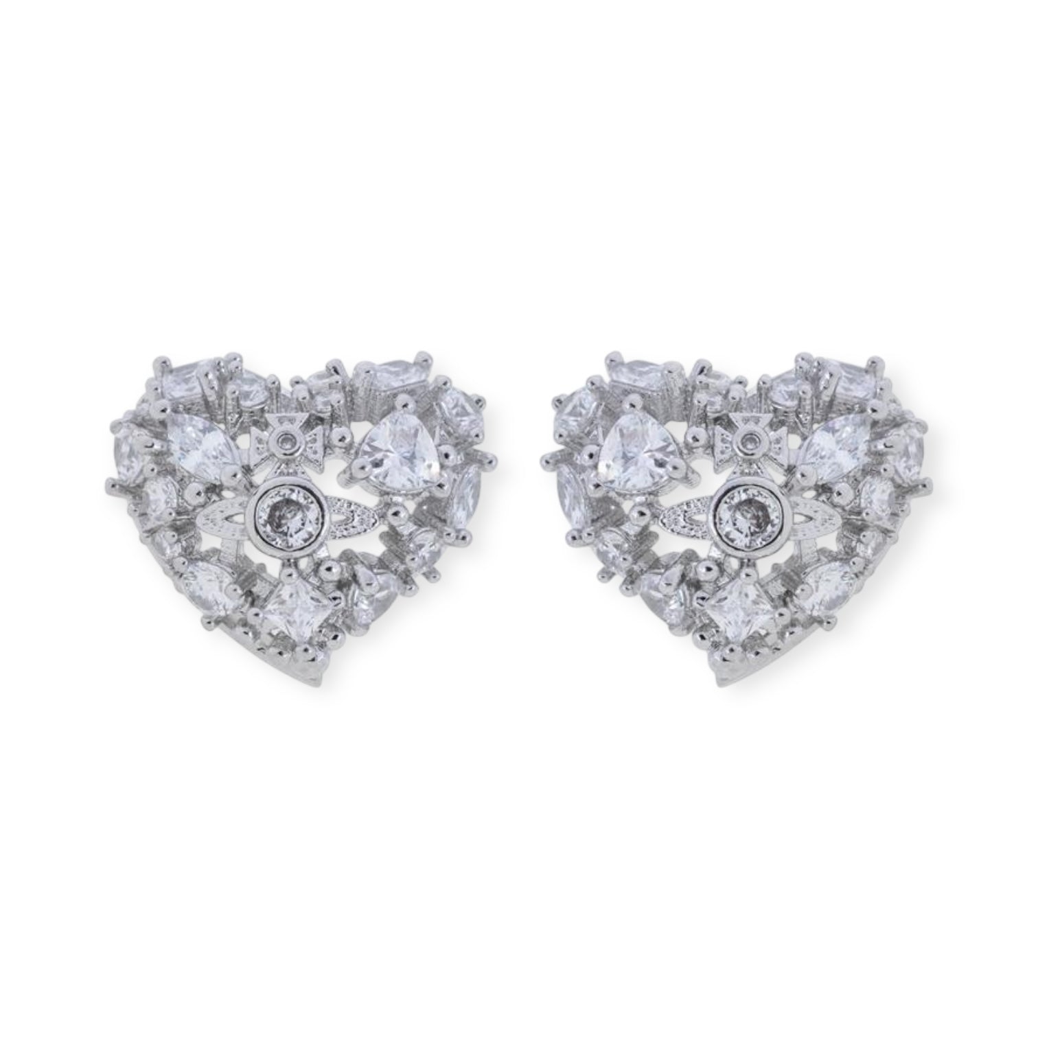 Rhinestone Abstract Heart Design Orb Silver Pendant Earrings