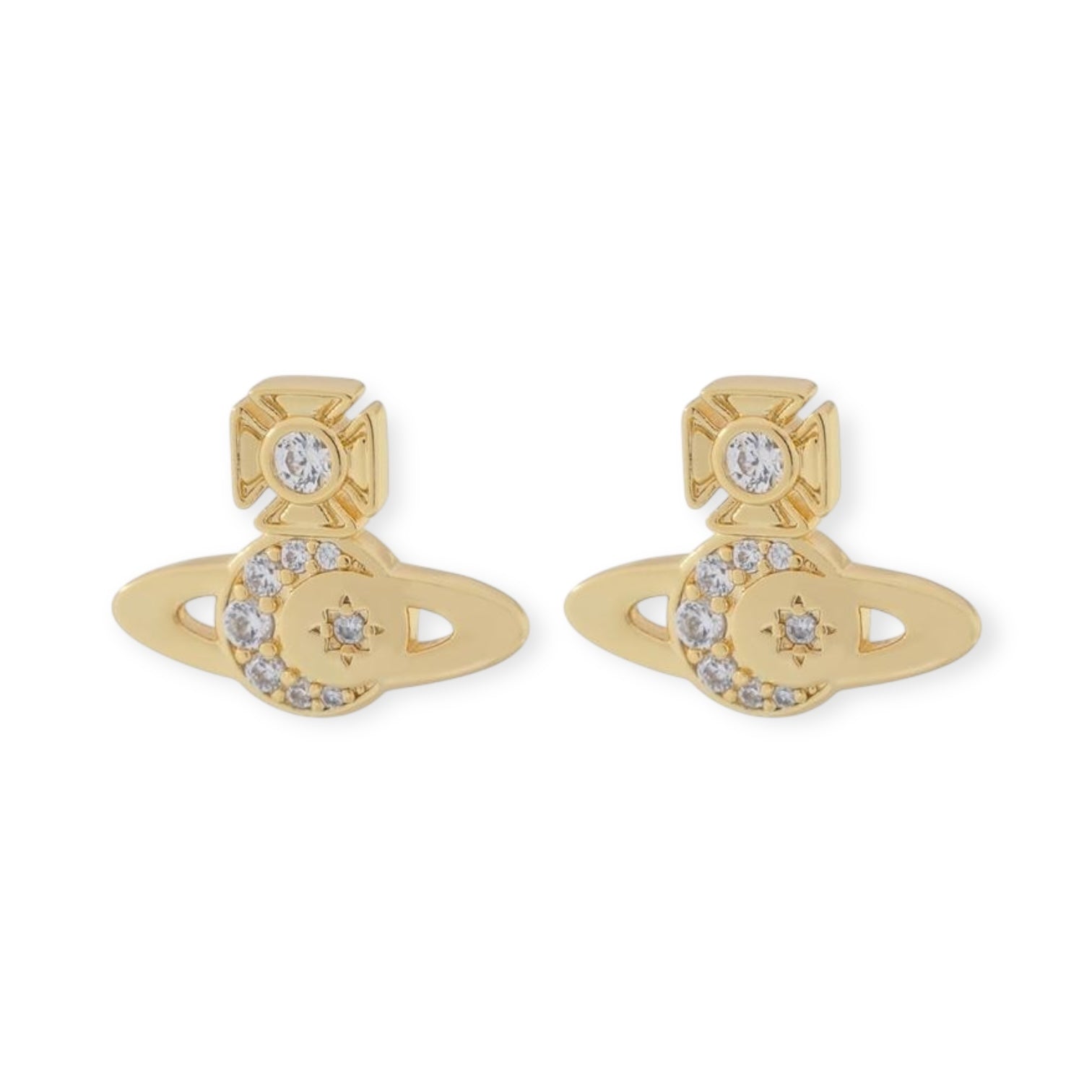 Gem Studded Crescent Moon Stars Display Orb Pendant Gold & Silver Earrings (2 Colors)