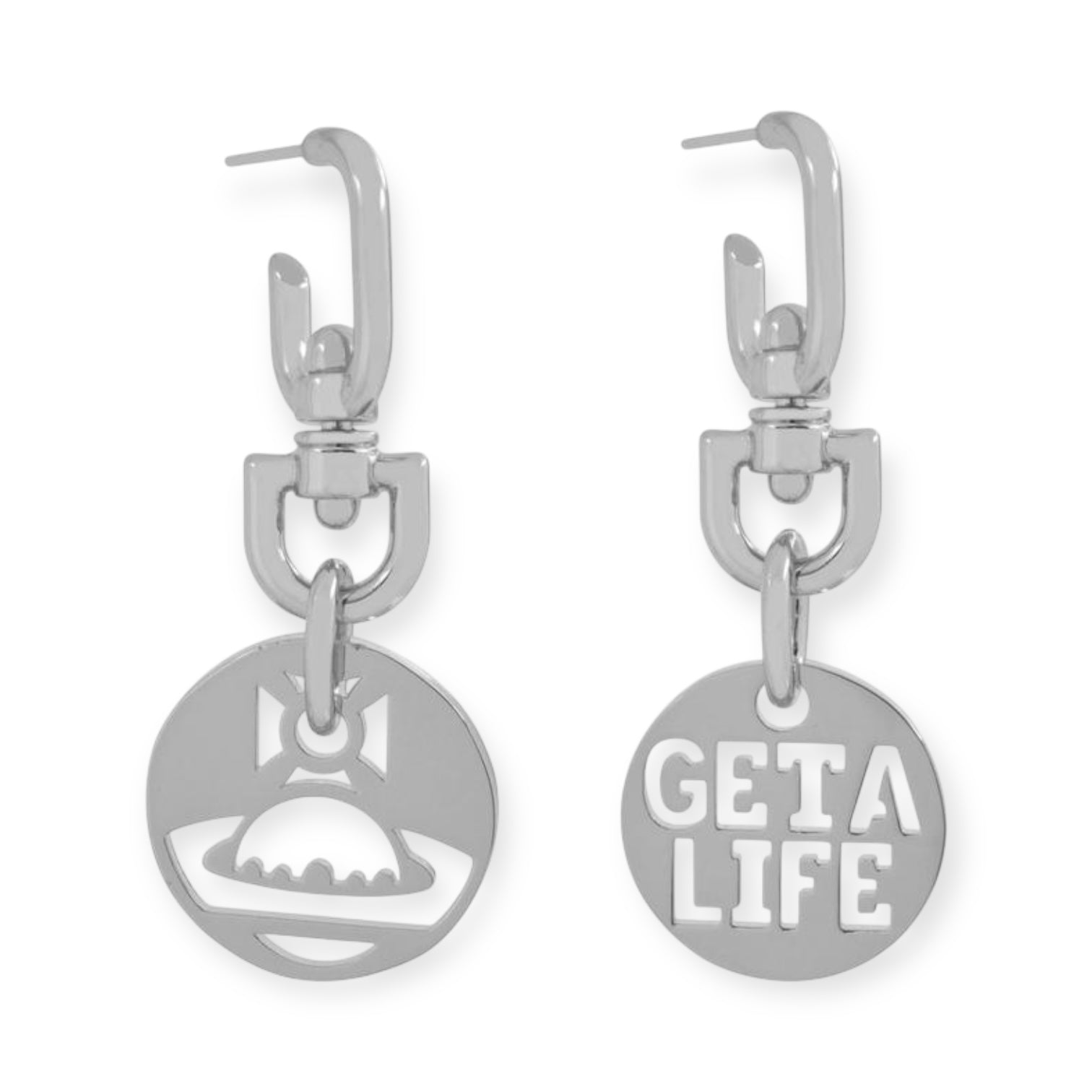 Double Cutout Orb Design & "GET A LIFE" Text Pendant Gold & Silver Earrings (2 Colors)
