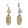 Pearl Hanging Oval Engraved Orb Gem Studded Pendant Gold & Silver Earrings (2 Colors)