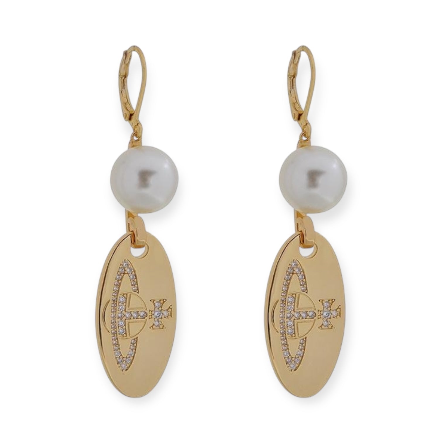 Pearl Hanging Oval Engraved Orb Gem Studded Pendant Gold & Silver Earrings (2 Colors)