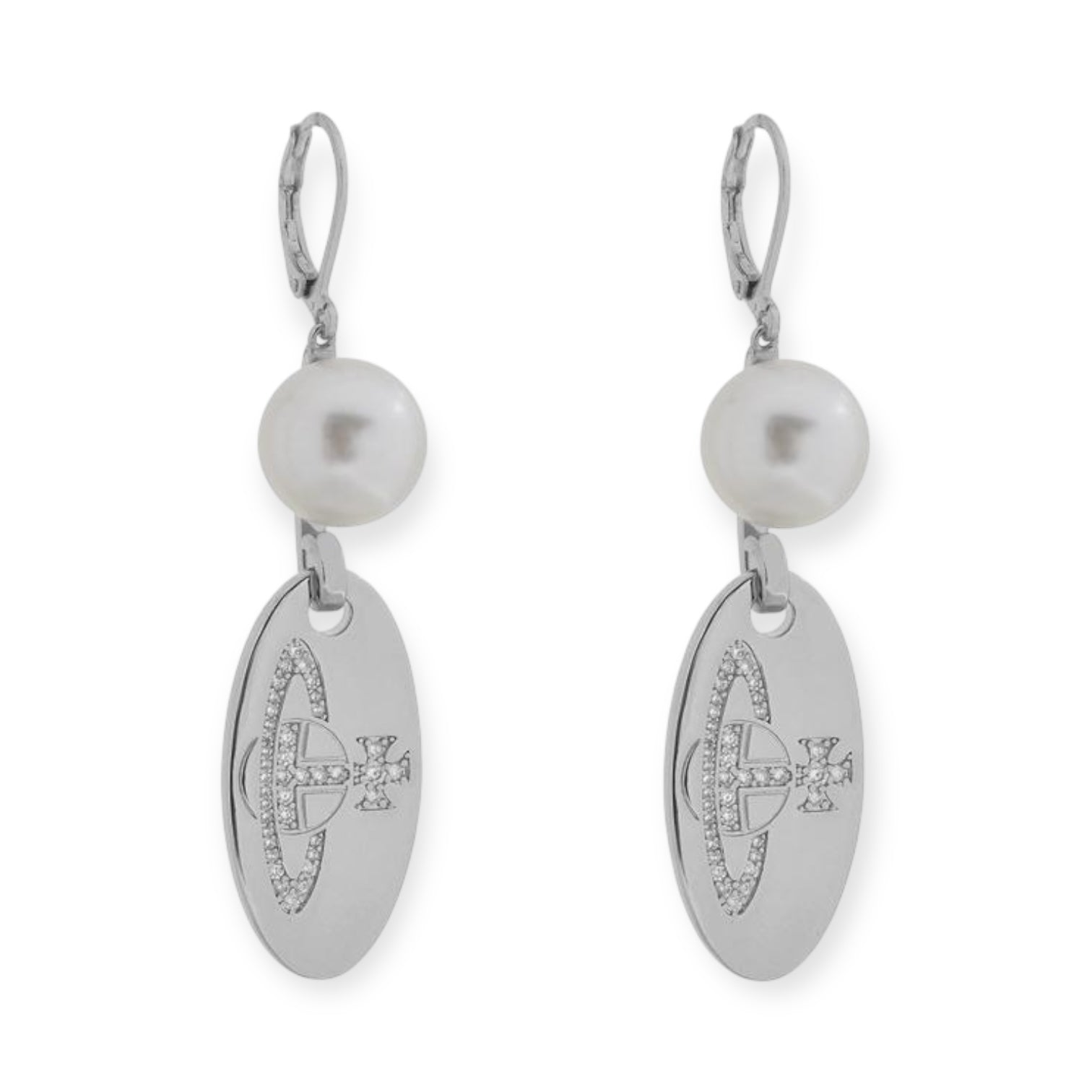 Pearl Hanging Oval Engraved Orb Gem Studded Pendant Gold & Silver Earrings (2 Colors)