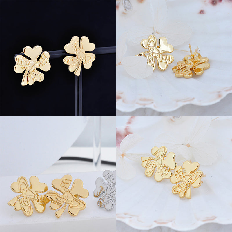 Lucky Clover Staple Engraved Orb Pendant Gold & Silver Stud Earrings (2 Colors)