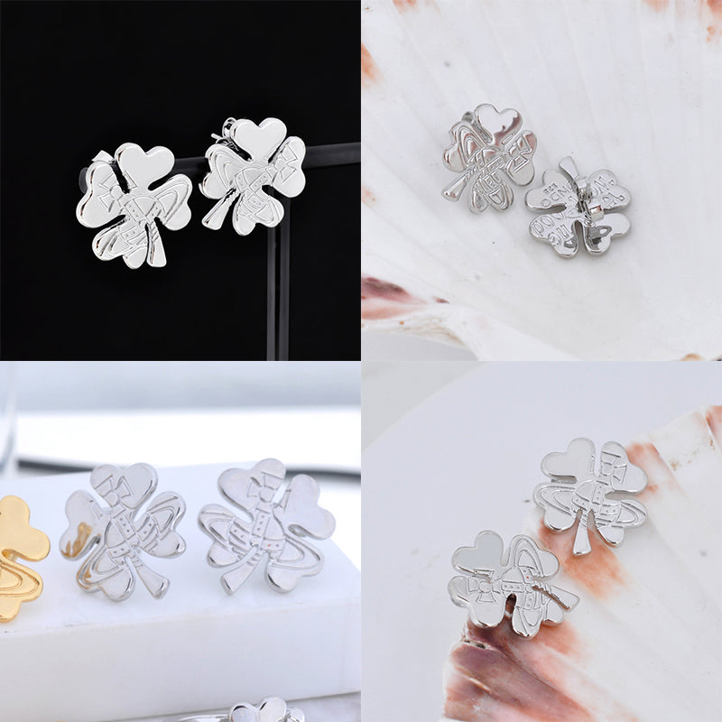Lucky Clover Staple Engraved Orb Pendant Gold & Silver Stud Earrings (2 Colors)