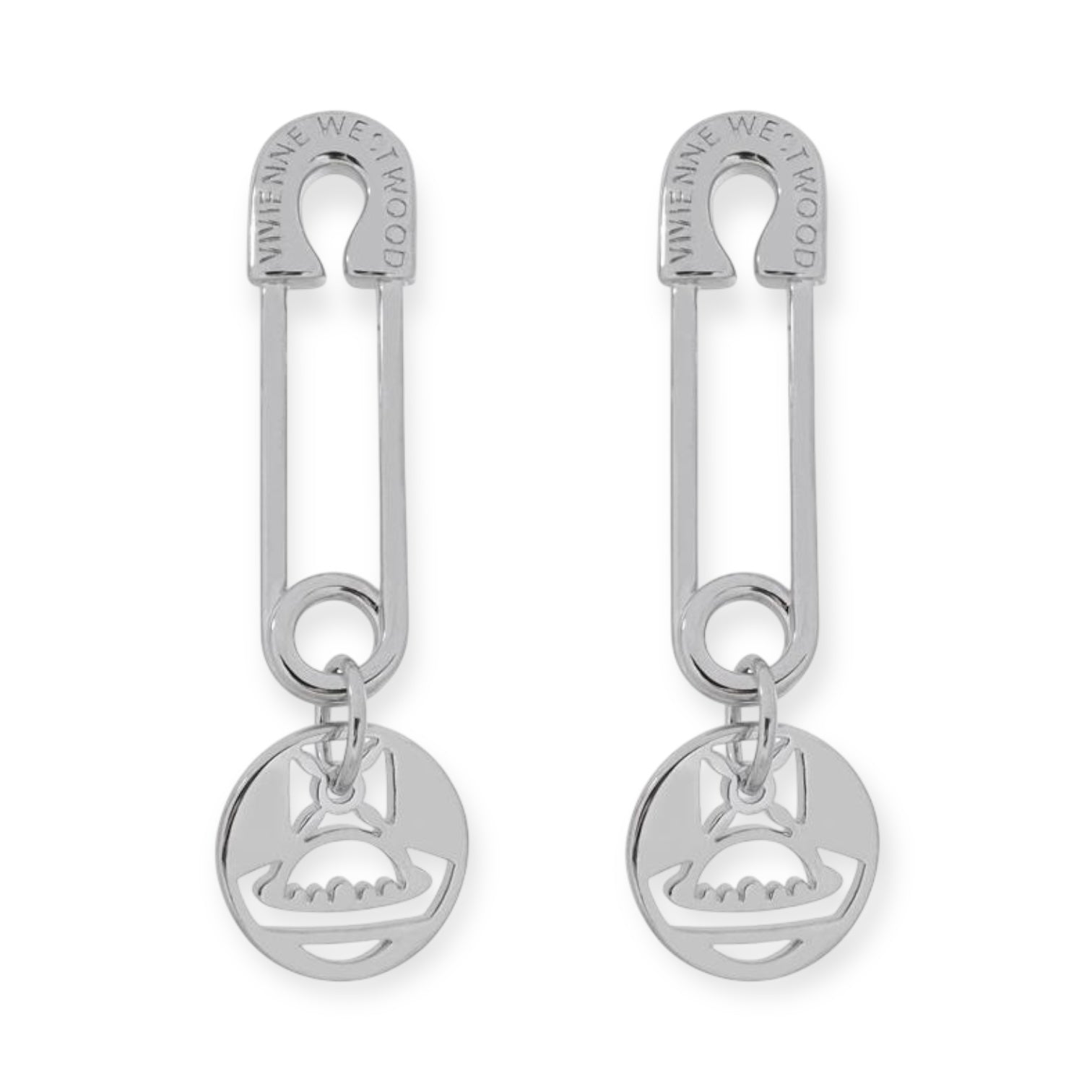 Safety Pin Hanging Cutout Orb Design Pendant Gold & Silver Stud Earrings (2 Colors)