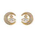 Gem Studded Crescent Moon Orb Pendant Gold & Silver Stud Earrings (2 Colors)