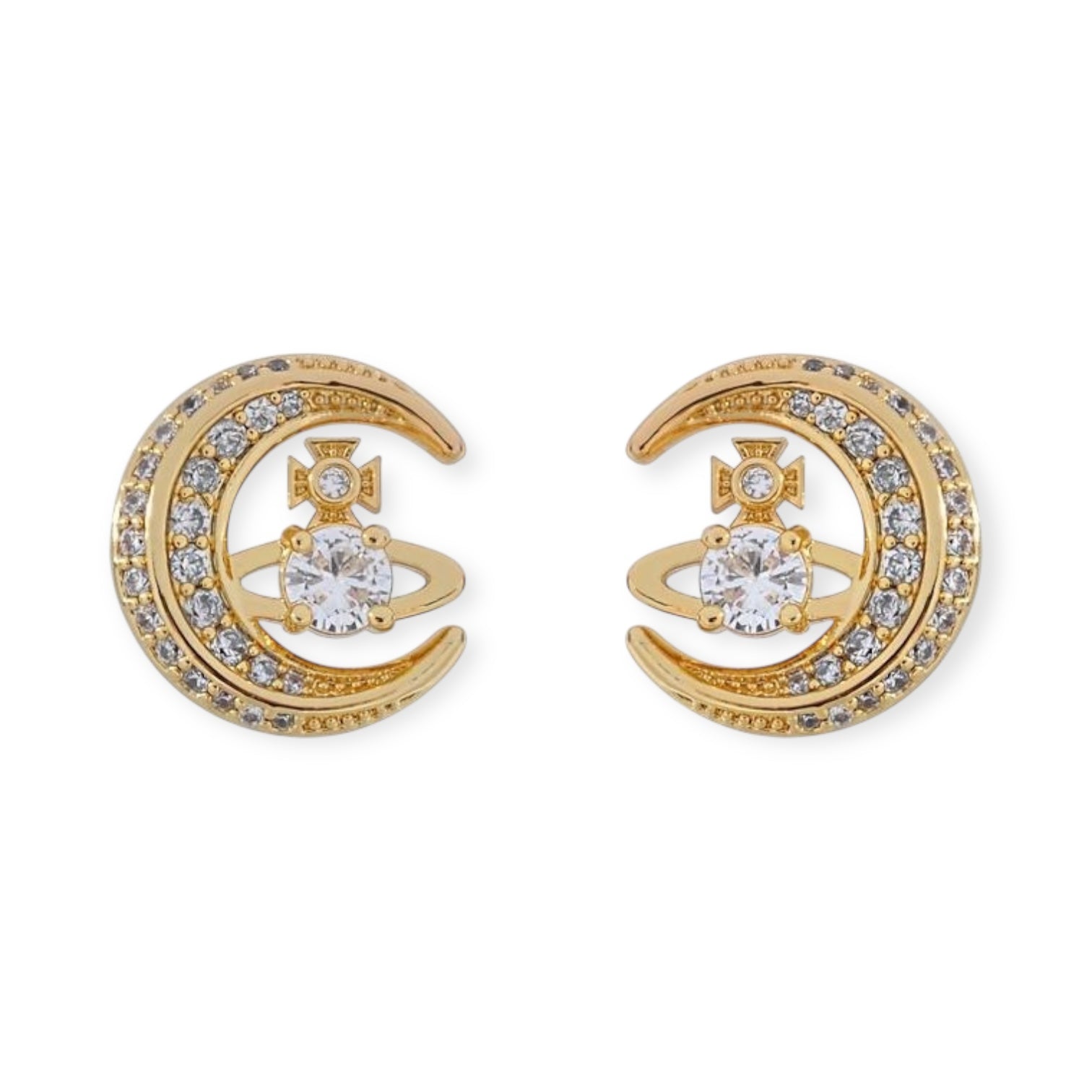 Gem Studded Crescent Moon Orb Pendant Gold & Silver Stud Earrings (2 Colors)
