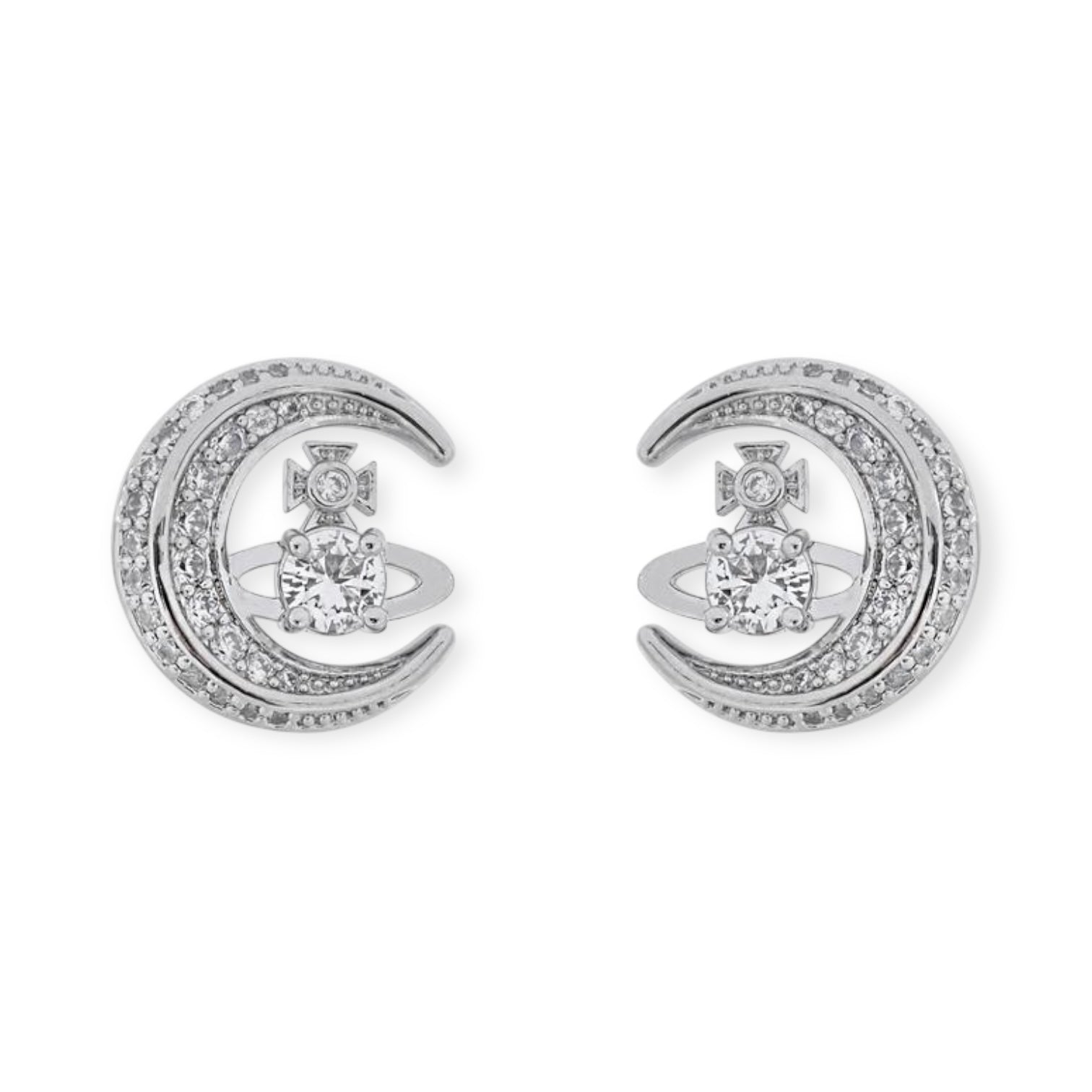 Gem Studded Crescent Moon Orb Pendant Gold & Silver Stud Earrings (2 Colors)
