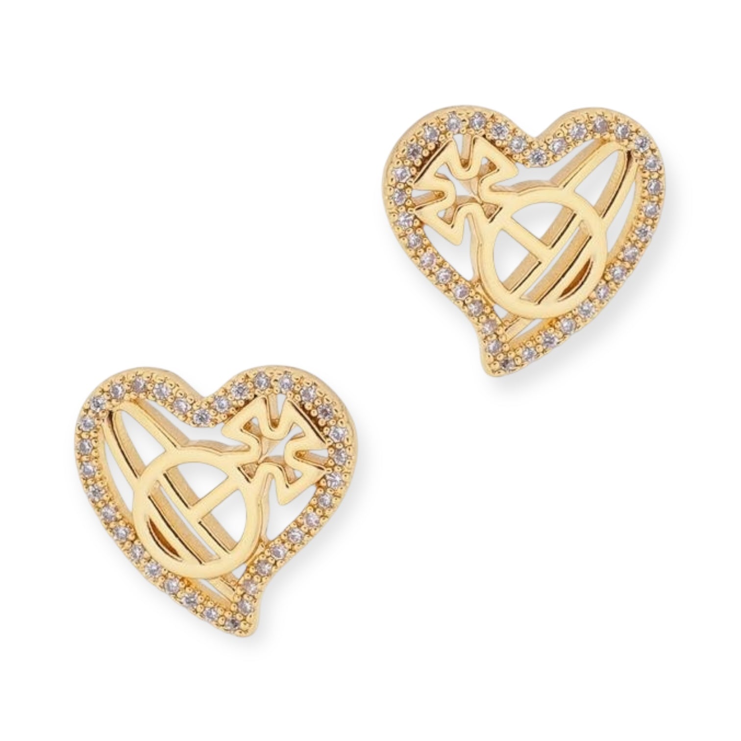 Gem Studded Heart Shaped Orb Cutout Design Pendant Gold & Silver Stud Earrings (2 Colors)