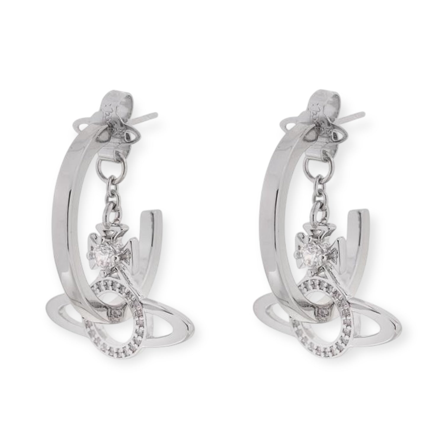 Mini Hanging Gem Studded Orb Pendant Inverted Loop Design Gold & Silver Stud Earrings (2 Colors)