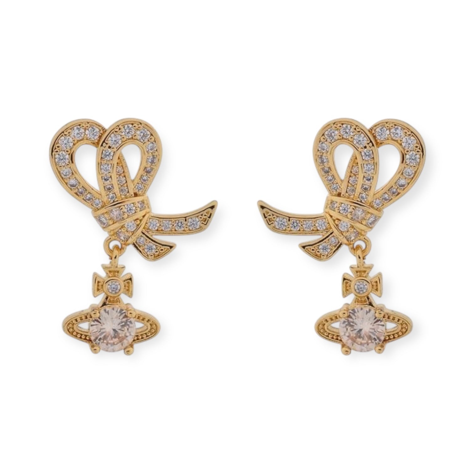 Gem Studded Bow Ribbon Mini Orb Hanging Pendant Gold & Silver Stud Earrings (2 Colors)
