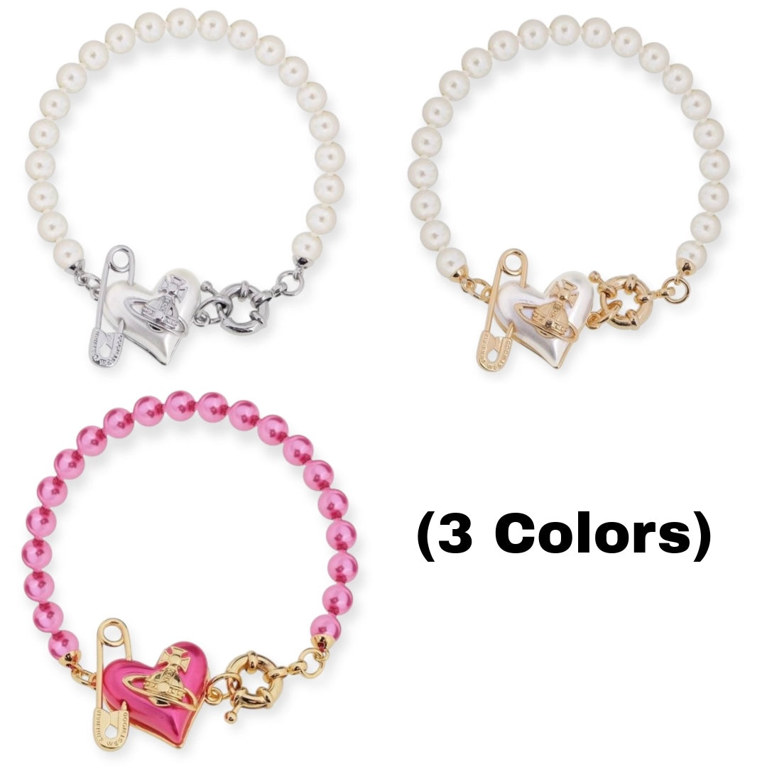 Heart Safety Pin Paperclip Asymmetrical Beaded Pearl Orb Design Bracelet (3 Colors)