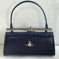 Croc Embossed Dark Blue Kiss Lock Top Handle Handbag