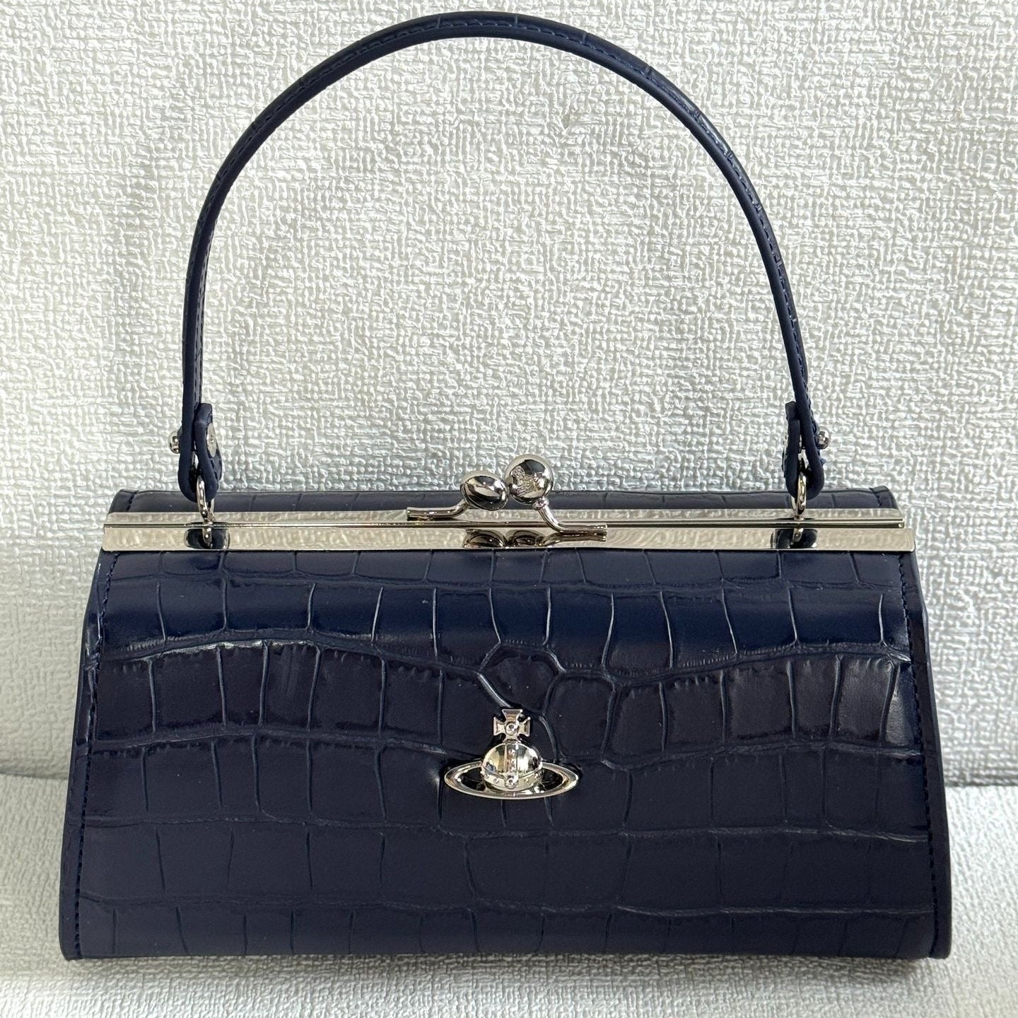 Croc Embossed Dark Blue Kiss Lock Top Handle Handbag