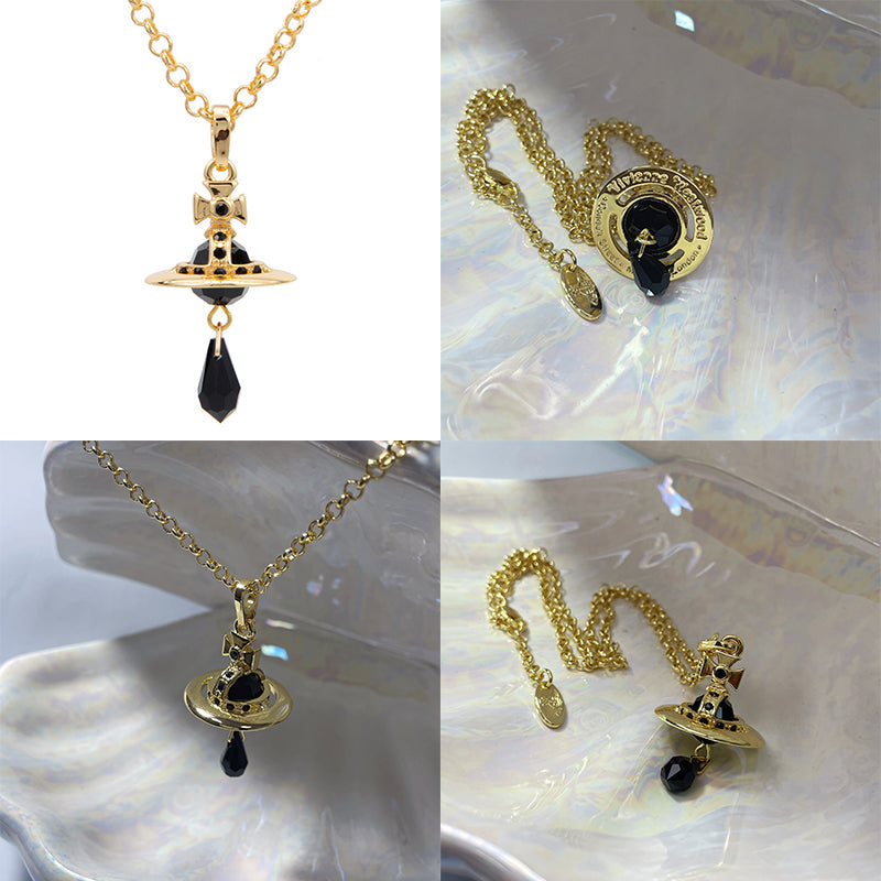 Crystal Orb Water Drop Black Crystal Pendant Necklace (4 Colors)