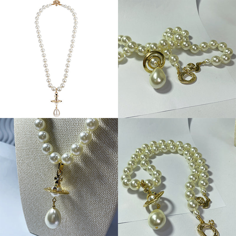 Beaded Tear Drop Pearl Orb Pendant Necklace Gold & Silver *2 colors*