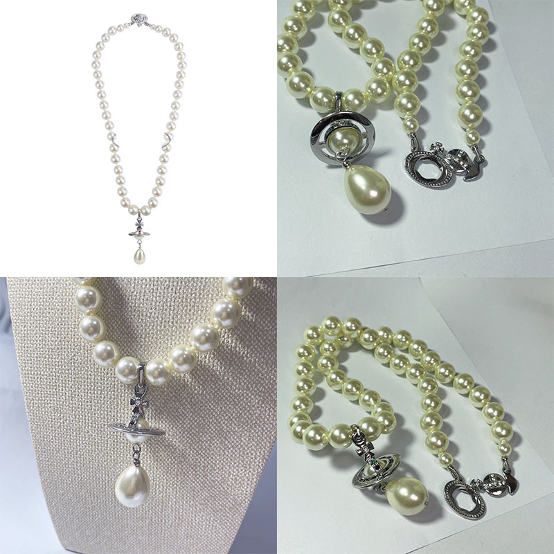 Beaded Tear Drop Pearl Orb Pendant Necklace Gold & Silver *2 colors*