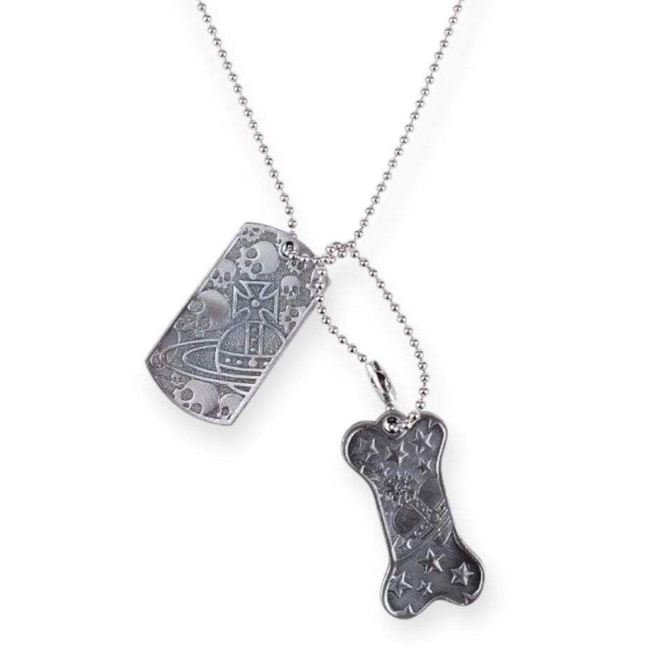Dog Tag Bone Detailed Dark Silver Double Pendant Pattern Necklace