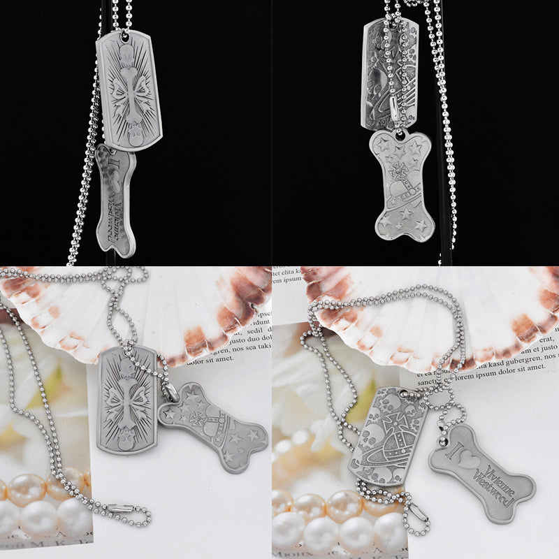Dog Tag Bone Detailed Dark Silver Double Pendant Pattern Necklace