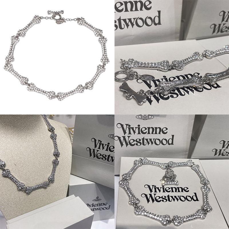 Mini Multi Repeated Bones Silver Gem Studded Choker Necklace