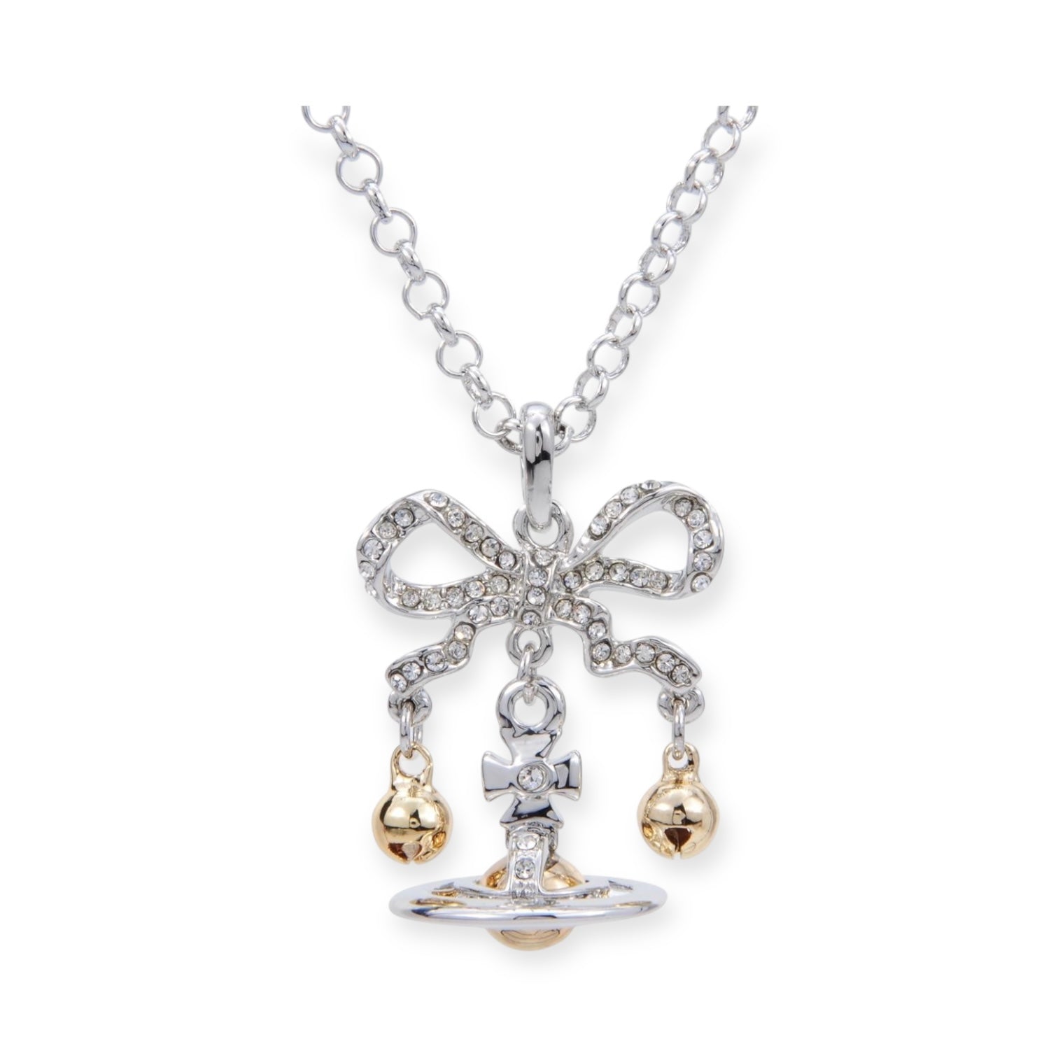 Tied Ribbon Bow Jingle Bells Gold Silver Orb Pendant Necklace