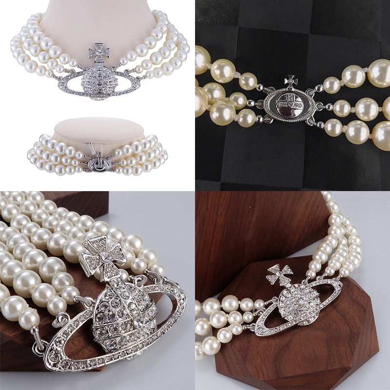 Triple Layer Beaded Orb Pendant Necklace Gold & Silver
