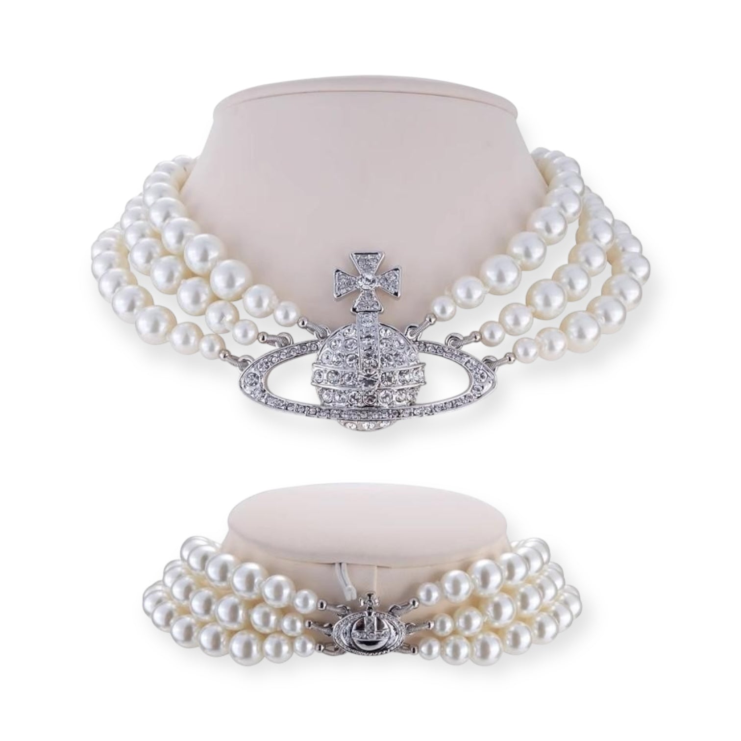 Triple Layer Beaded Orb Pendant Necklace Gold & Silver
