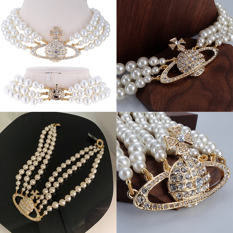 Triple Layer Beaded Orb Pendant Necklace Gold & Silver