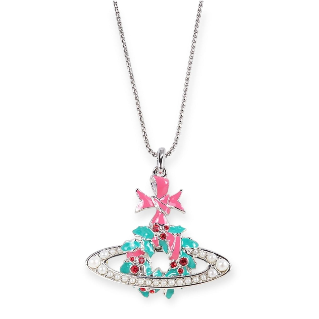 Christmas Holiday Wreath Pearl Orb Pendant Necklace