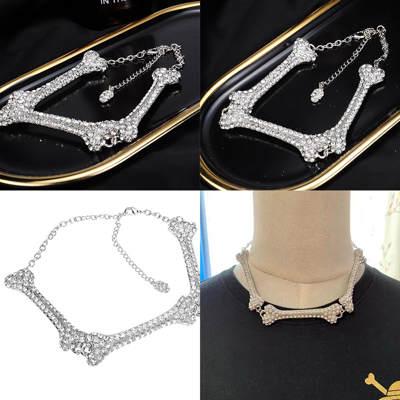 Mega Multi Repeated Bones Silver Gem Studded Choker Necklace
