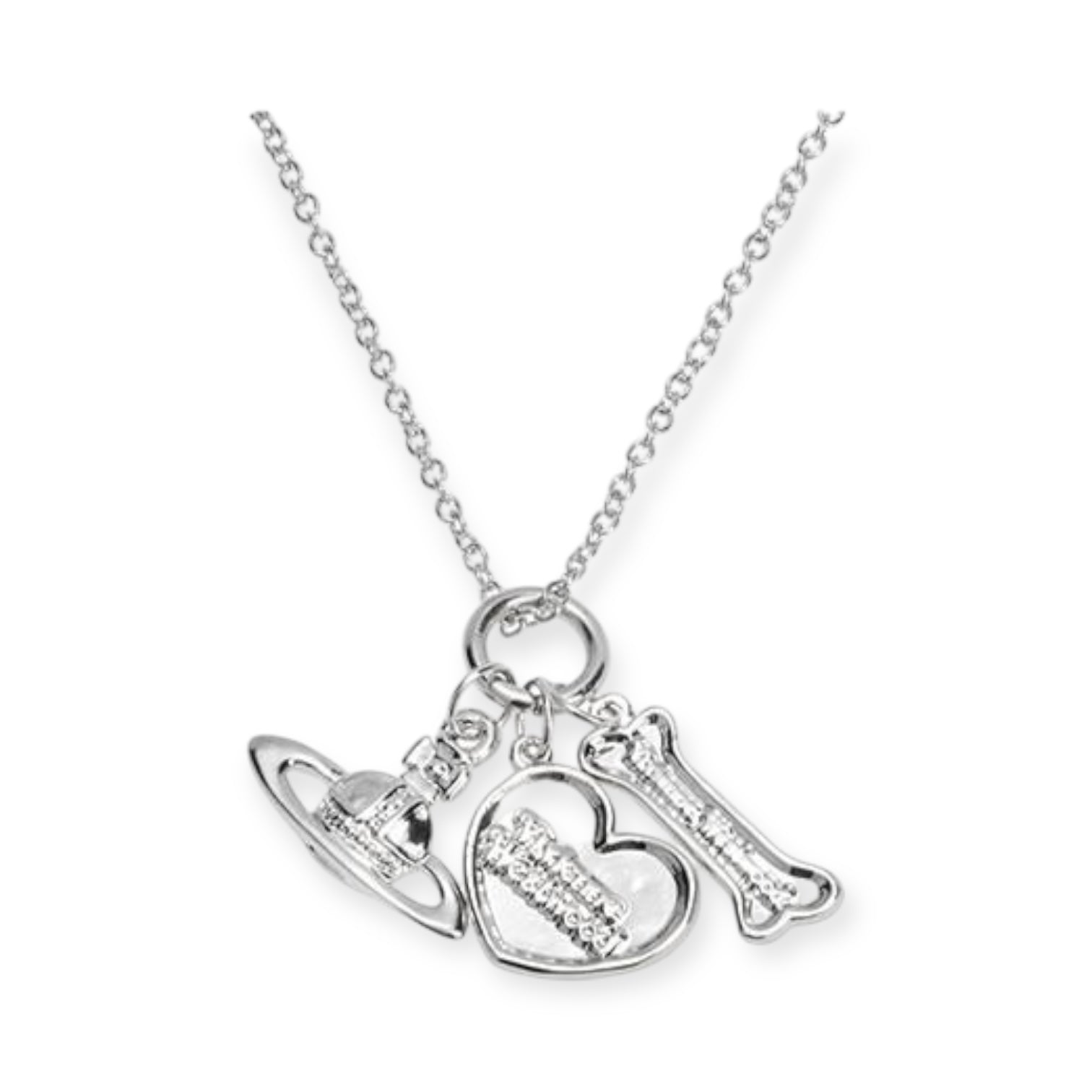 Multi Charm Orb Heart Bones Silver Engraved Necklace