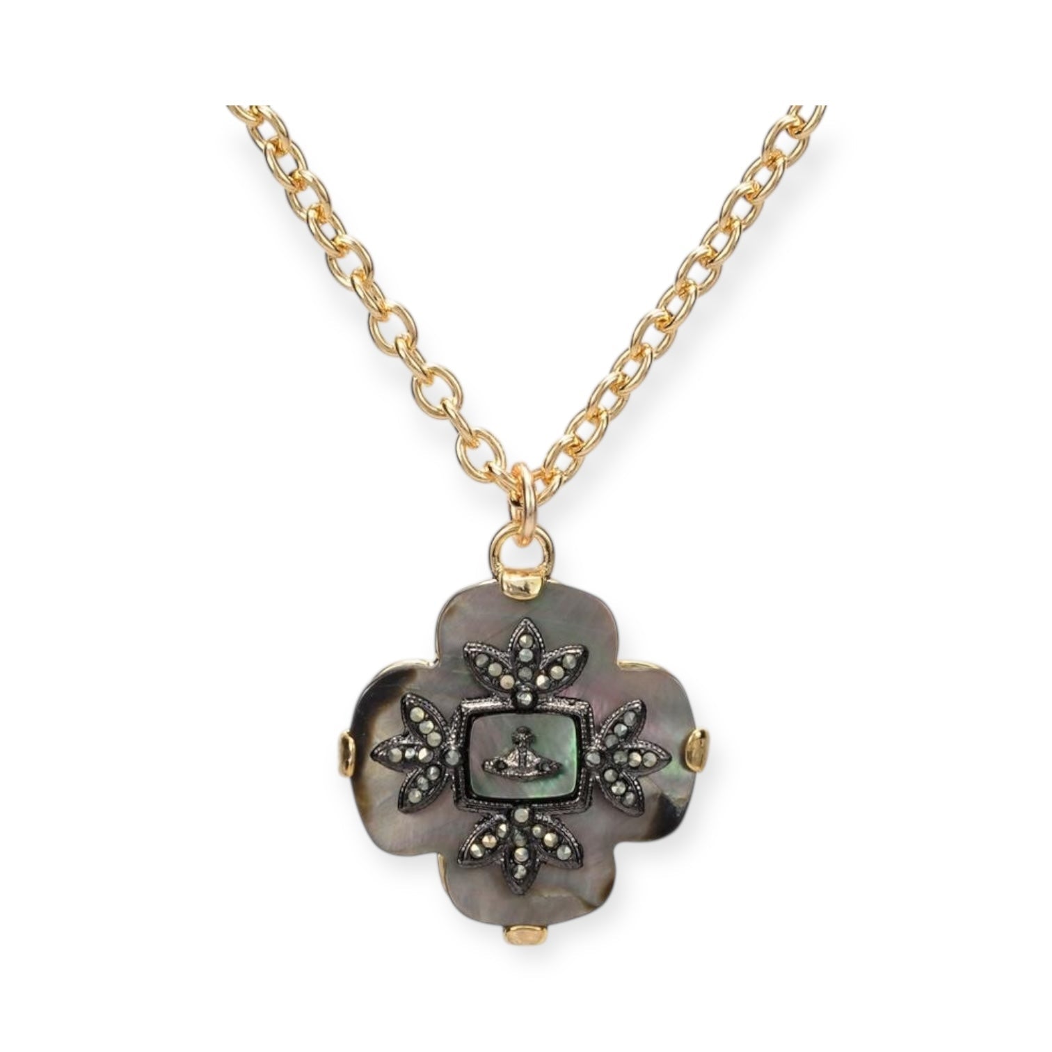 Iridescent Clover Floral Flower Design Pendant Gold Chain Necklace