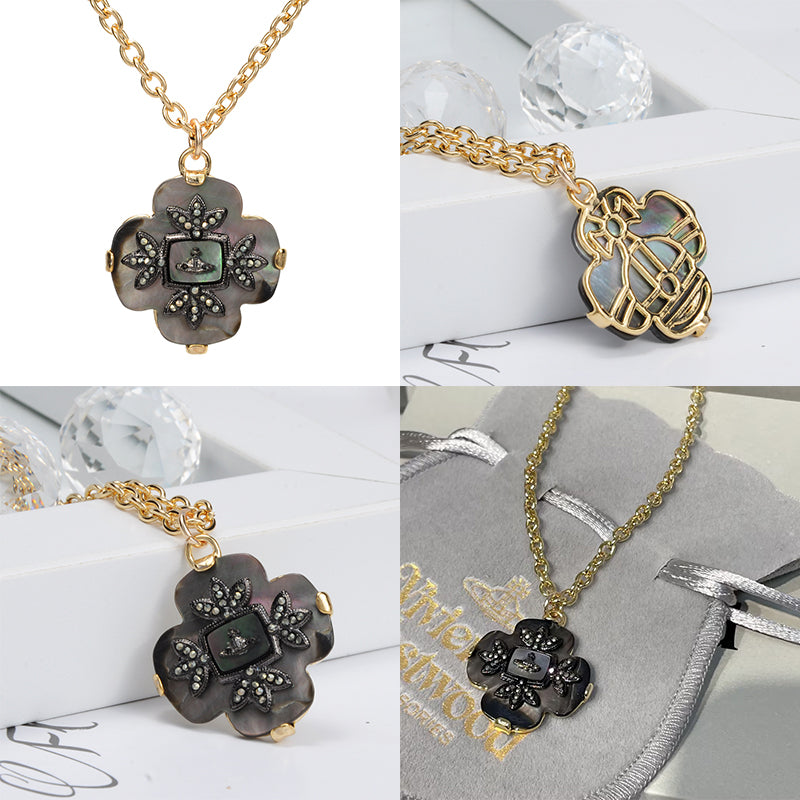 Iridescent Clover Floral Flower Design Pendant Gold Chain Necklace
