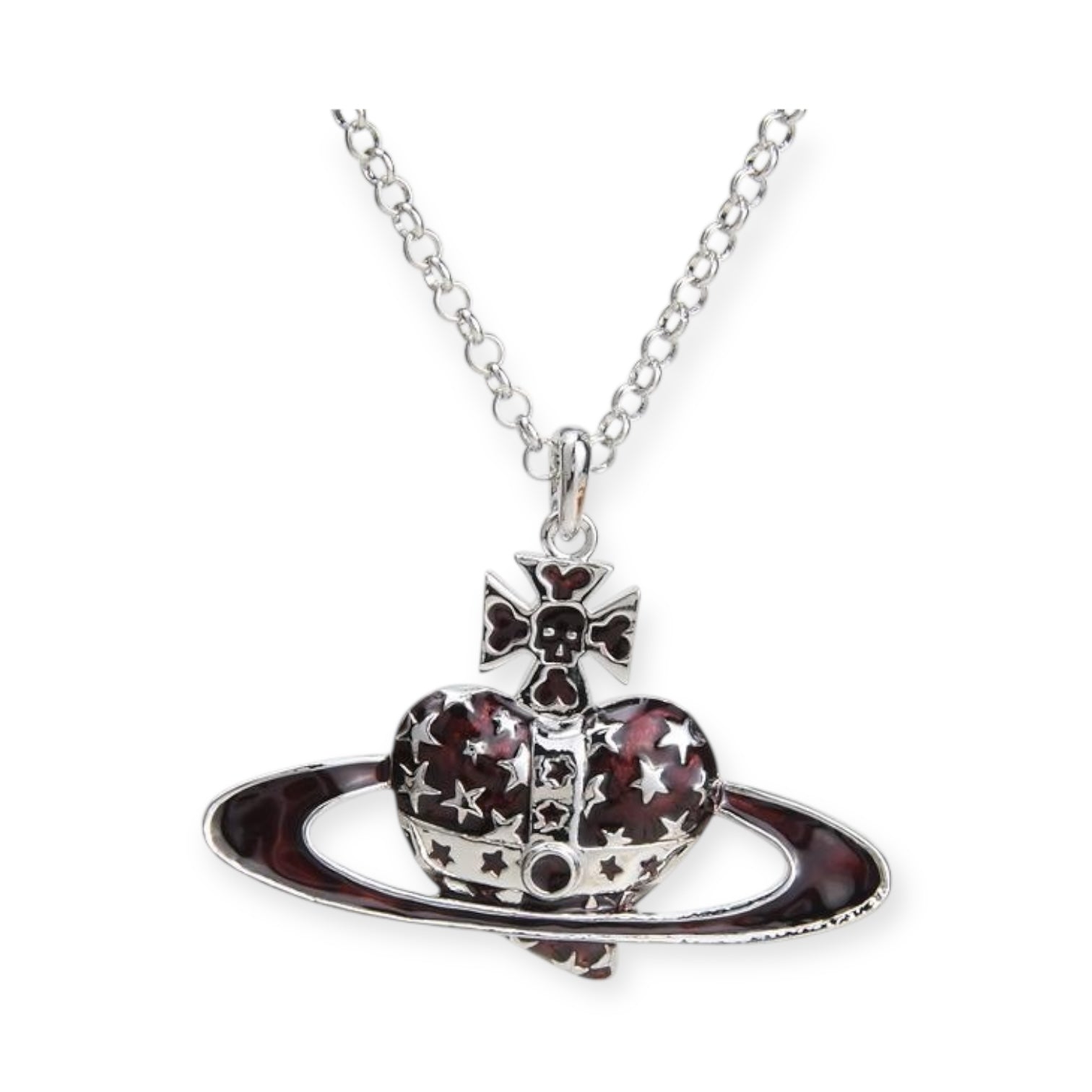 Heart Shaped Skull Star Studded Burgundy Pirate Pendant Necklace