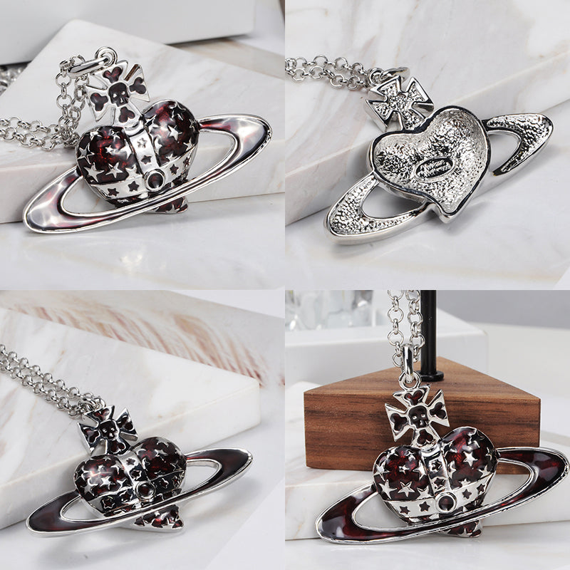 Heart Shaped Skull Star Studded Burgundy Pirate Pendant Necklace