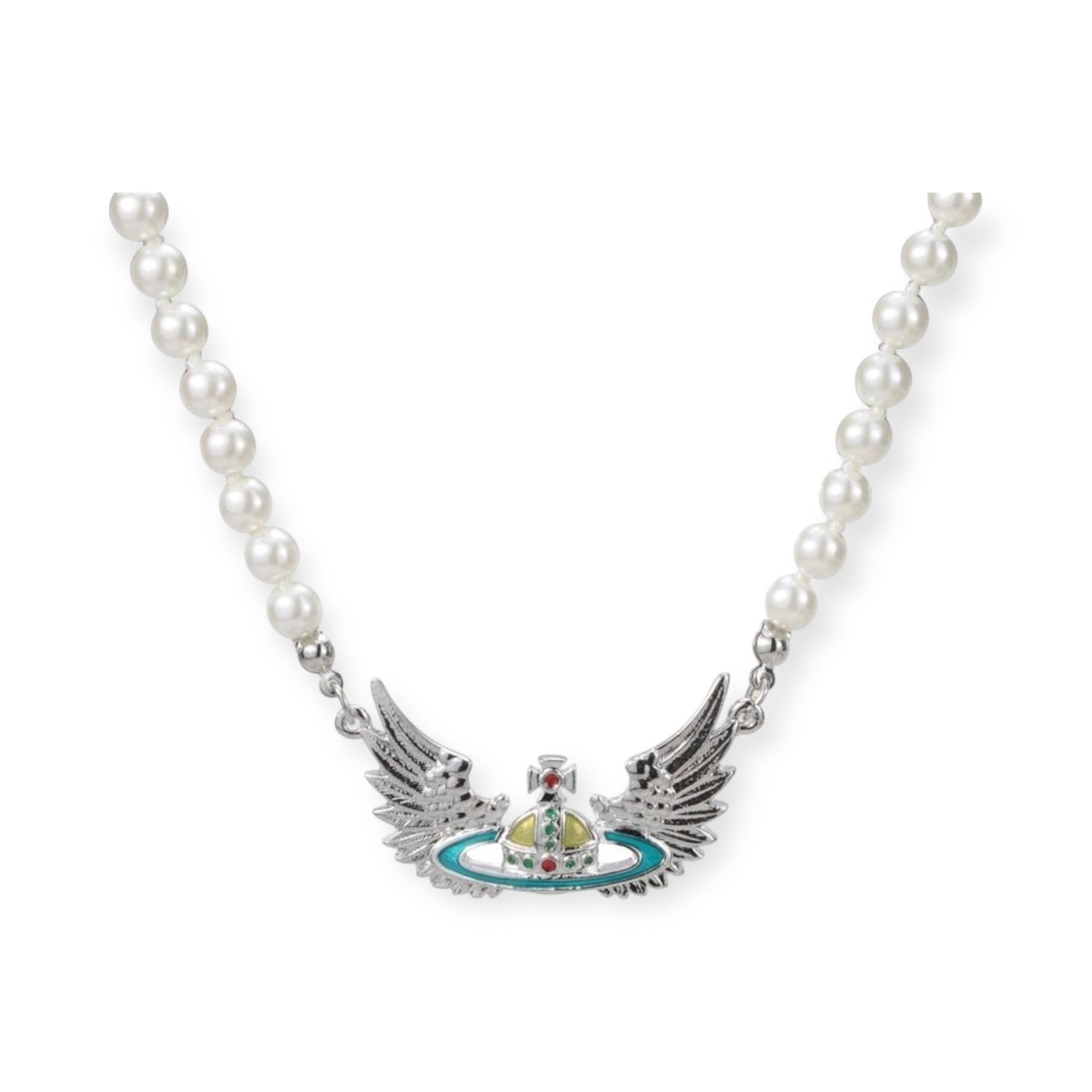 Angel Wings Design Abstract Orb Pendant Beaded Pearl Necklace
