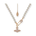 Beaded Pearl Asymmetrical Safety Pin Gem Studded Orb Pendant Gold & Silver Necklace (2 Colors)