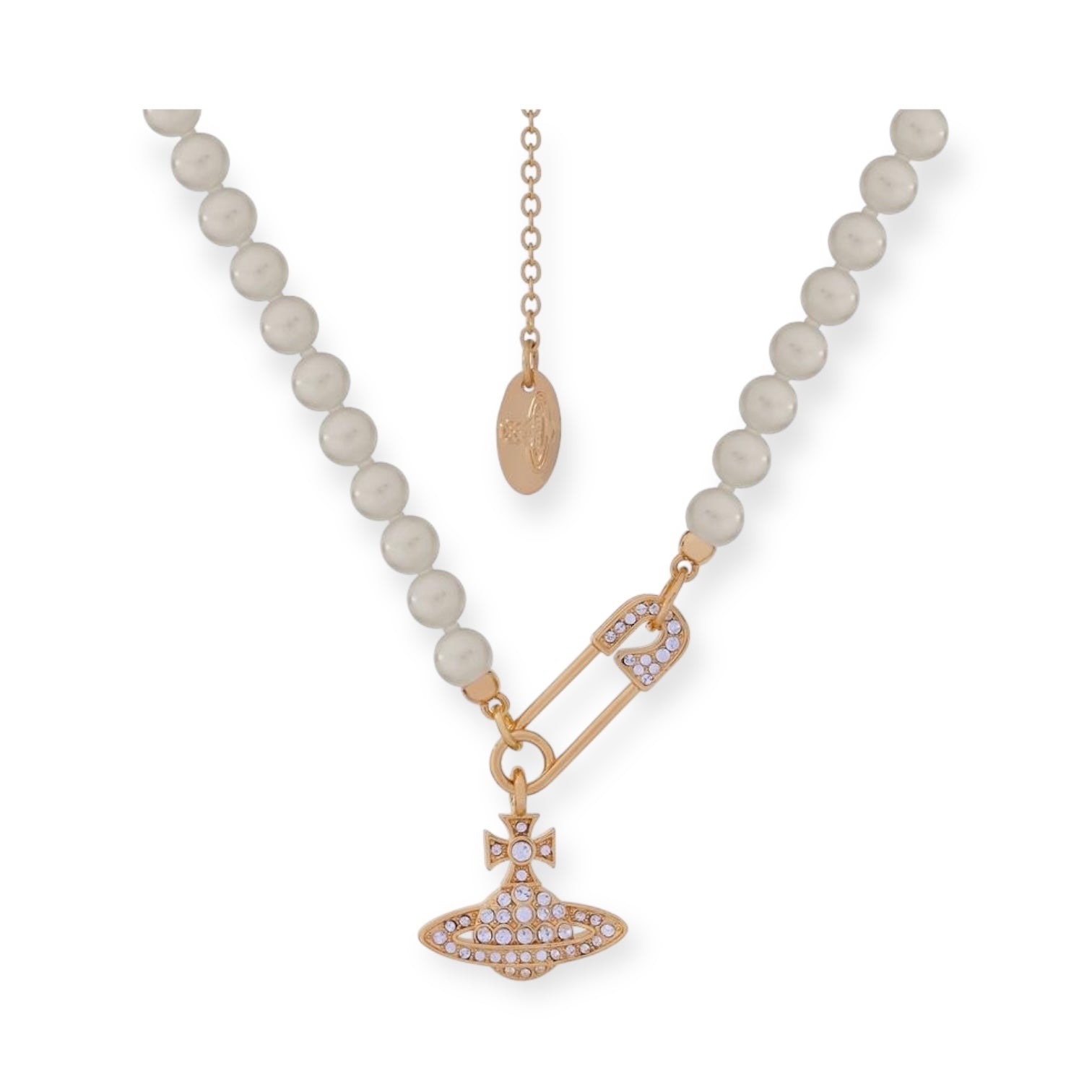 Beaded Pearl Asymmetrical Safety Pin Gem Studded Orb Pendant Gold & Silver Necklace (2 Colors)