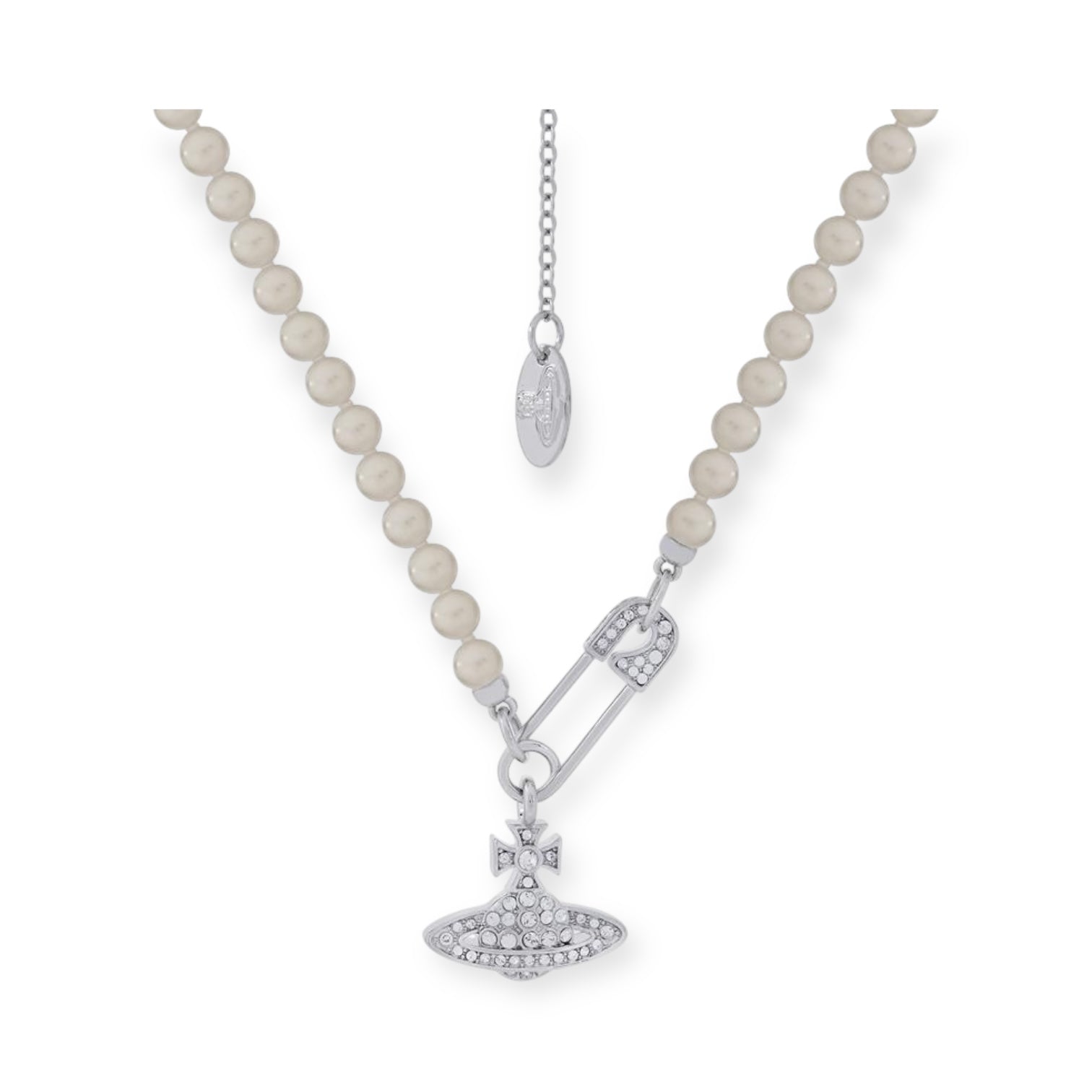 Beaded Pearl Asymmetrical Safety Pin Gem Studded Orb Pendant Gold & Silver Necklace (2 Colors)