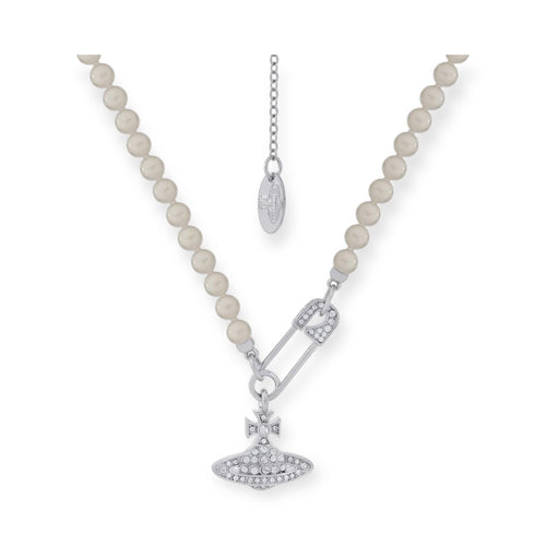 Beaded Pearl Asymmetrical Safety Pin Gem Studded Orb Pendant Gold & Silver Necklace (2 Colors)