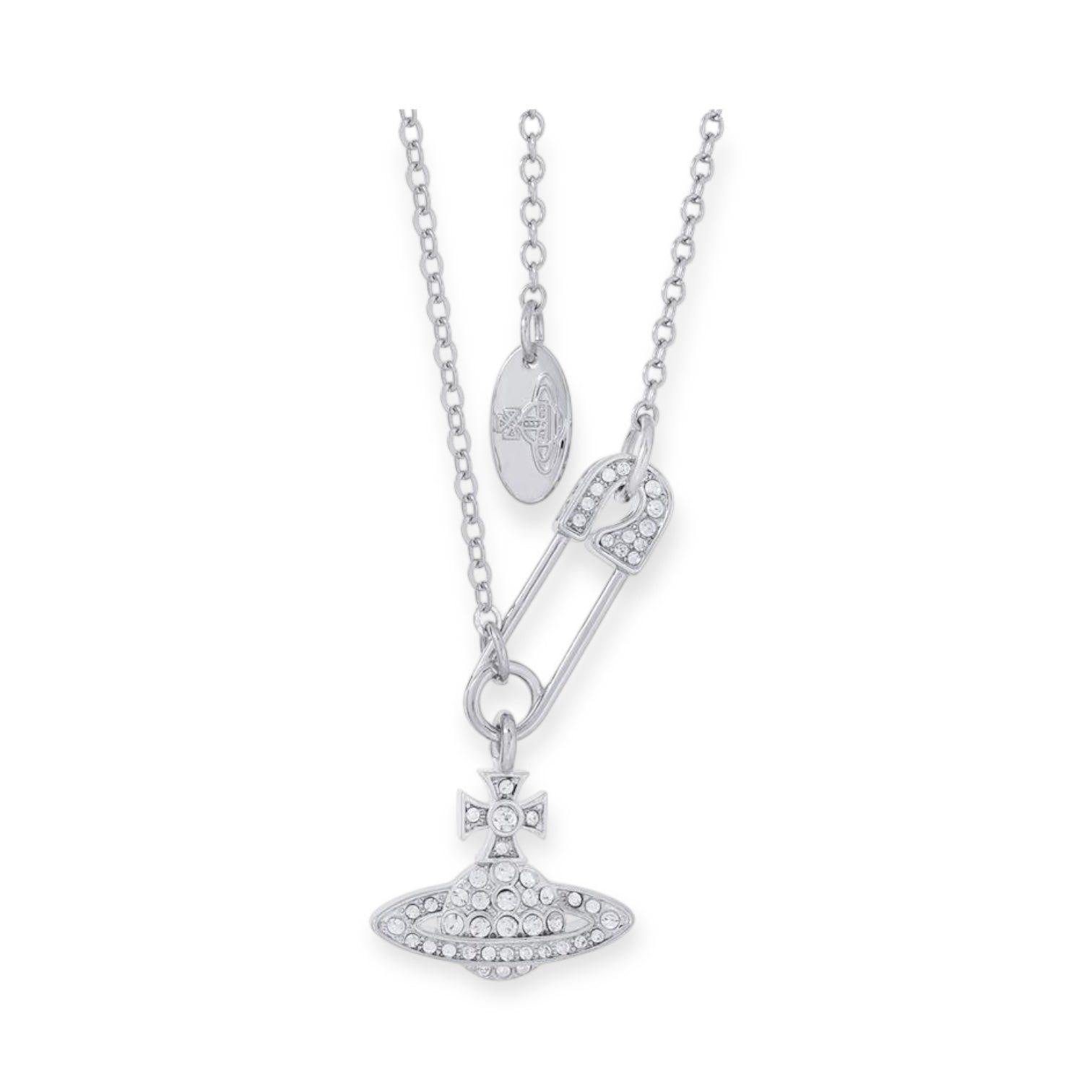 Safety Pin Asymmetrical Gem Studded Orb Pendant Necklace (4 Colors)