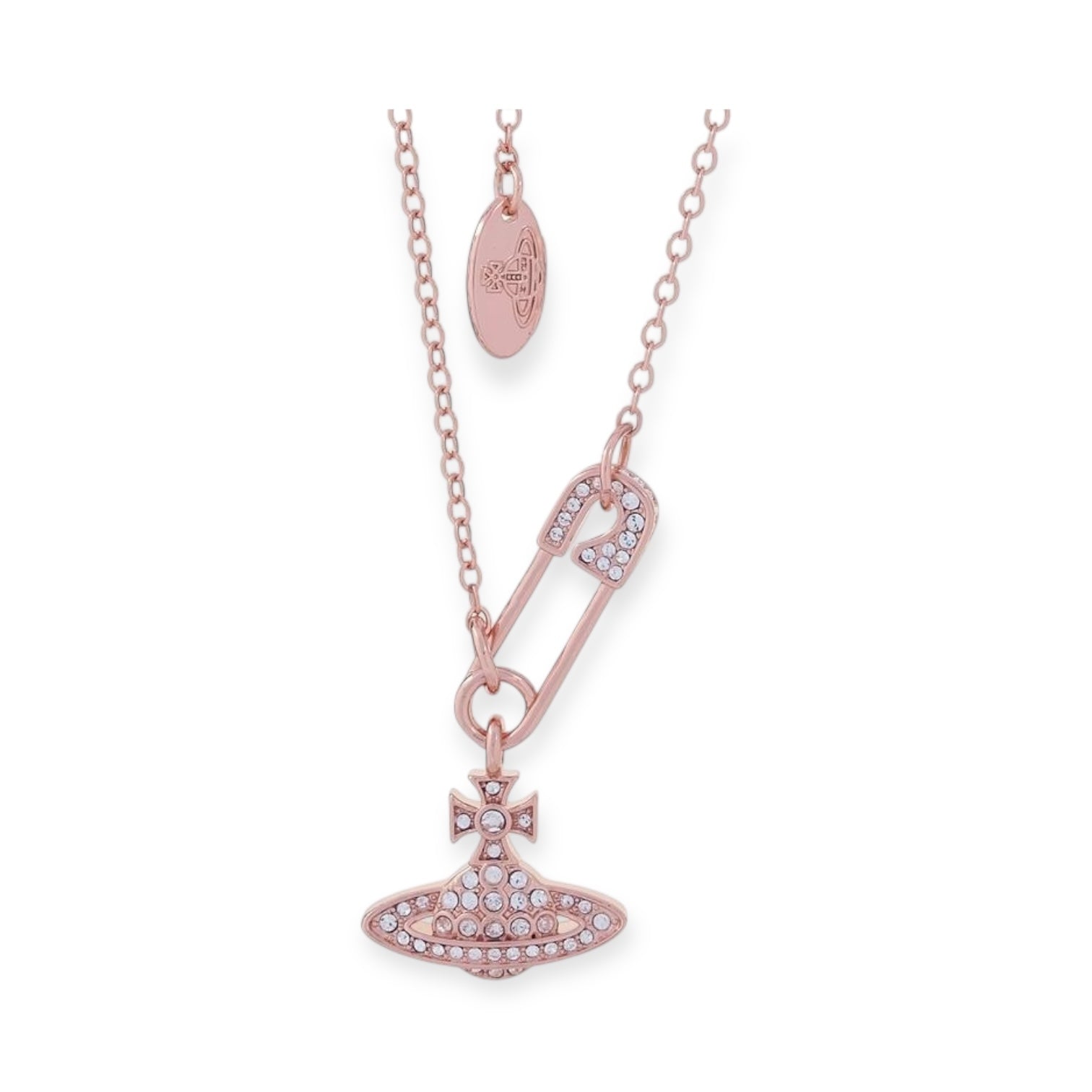 Safety Pin Asymmetrical Gem Studded Orb Pendant Necklace (4 Colors)