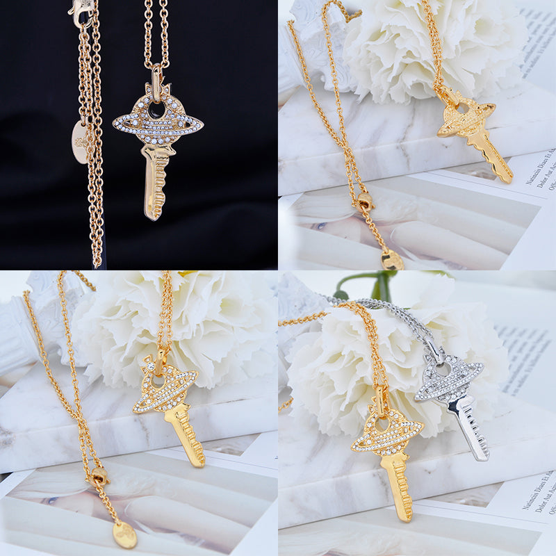 Key Orb Pendant Silver Gem Studded Necklace Gold & Silver (2 Colors)