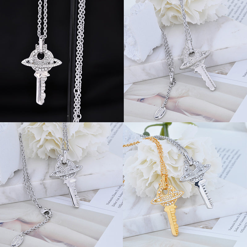 Key Orb Pendant Silver Gem Studded Necklace Gold & Silver (2 Colors)