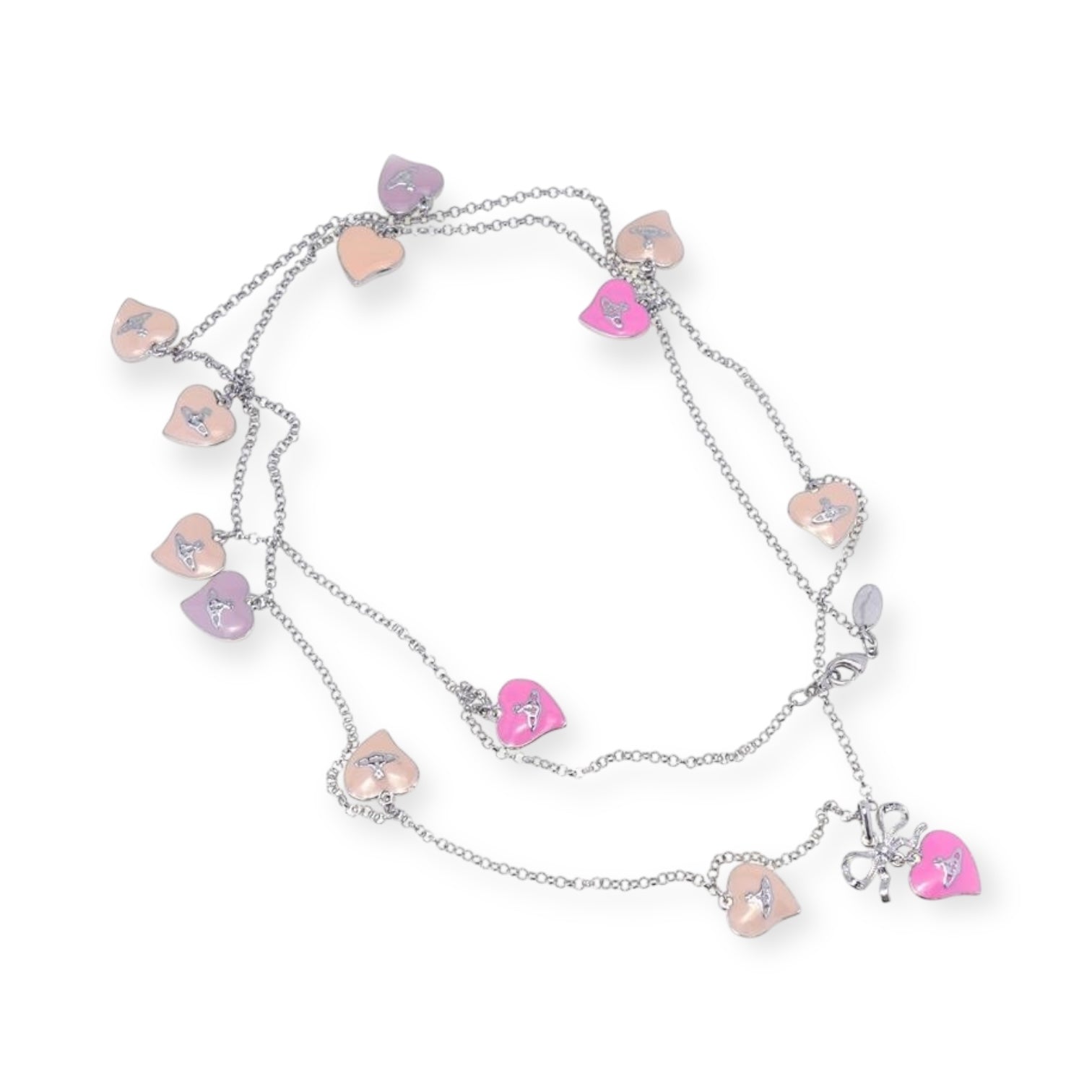 Multi Heart Scattered Double Layer Pink Bow & Cream Engraved Pendant Charmed Necklace