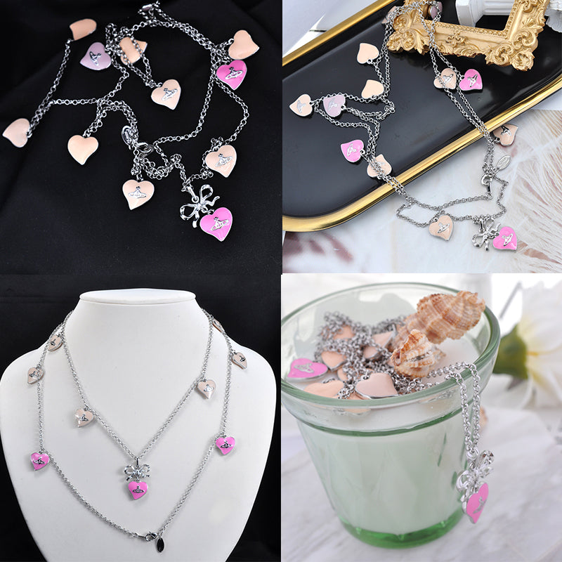 Multi Heart Scattered Double Layer Pink Bow & Cream Engraved Pendant Charmed Necklace