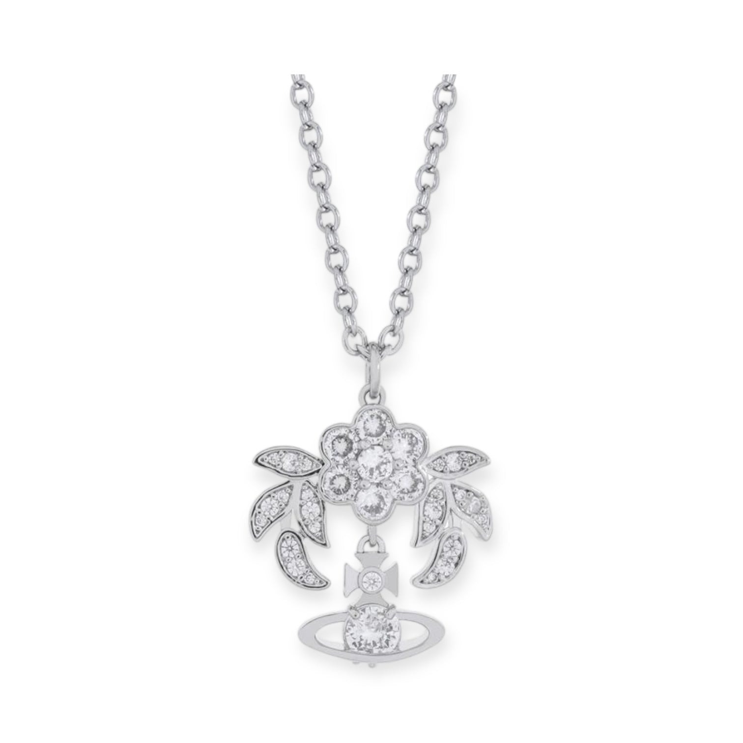 Flower Studded Leaves Mini Gem Orb Hanging Pendant Necklace (4 Colors)