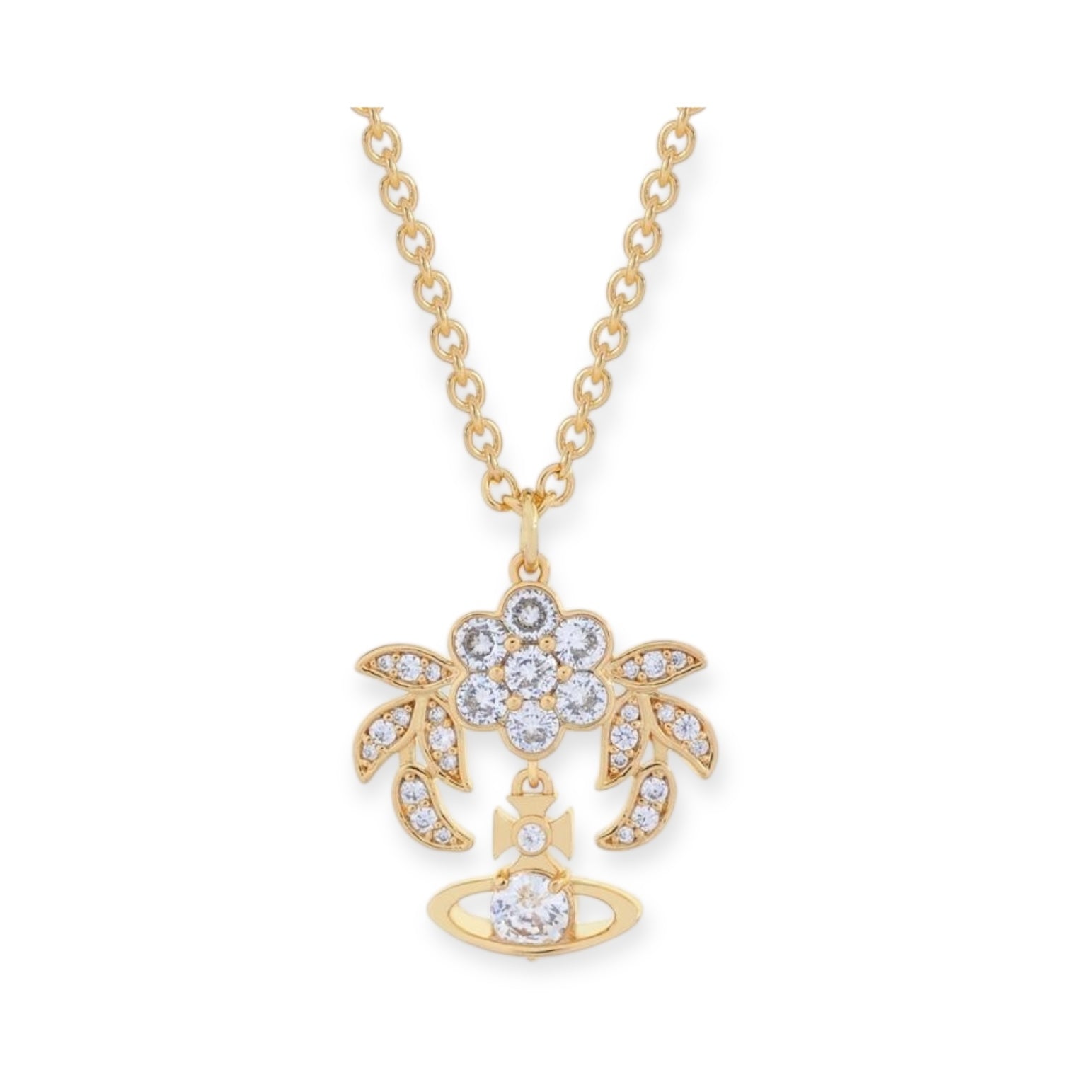Flower Studded Leaves Mini Gem Orb Hanging Pendant Necklace (4 Colors)